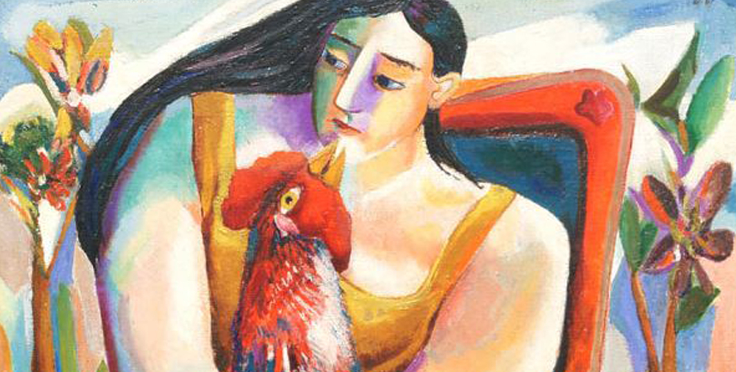 Mujer con gallo (Mujer y gallo) | Woman with Rooster (Woman and Rooster), 1941 oil on canvas | óleo sobre lienzo, 32 ✕ 26″ Col. Nercys & Ramón Cernuda © Fundación Mariano Rodríguez