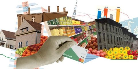 Illustration of groceries, houses, and other purchases with a debit card