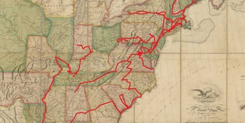 Section of a map showing routes that writer Anne Royall traveled on U.S. Postal Service-owned stagecoaches. 
