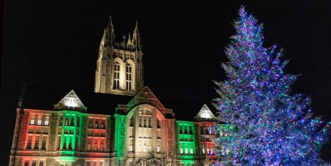 Gasson Hall with lit Christmas tree