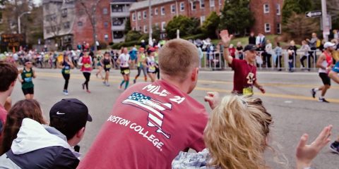 Spectators cheering at the Boston Marathon