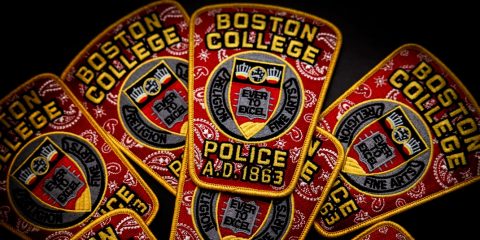 grouping of red bandana patches