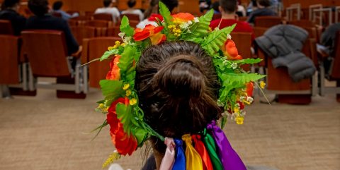 Student wearing Ukrainian headdress