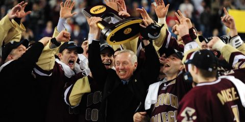 Jerry York with NCAA trophy