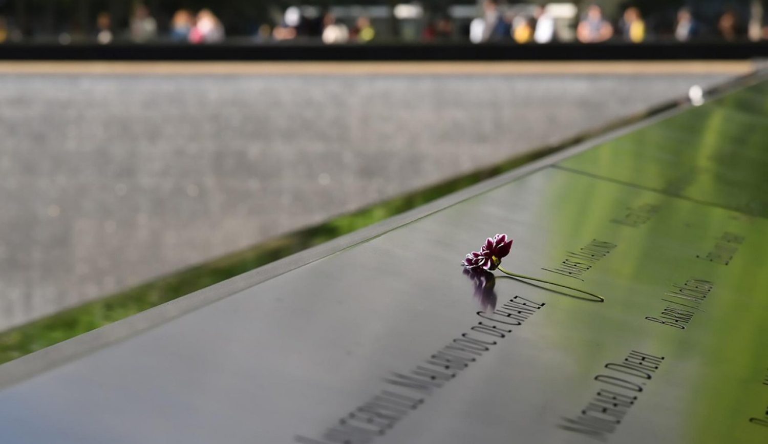 World Trade Center Memorial with a flower beside a name