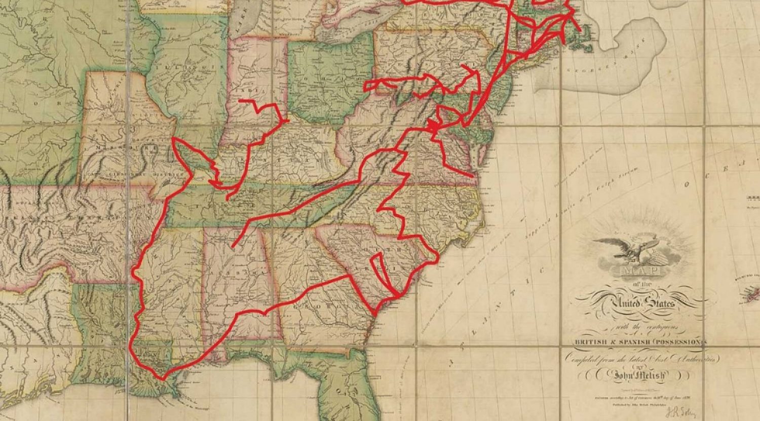 The routes that writer Anne Royall traveled on U.S. Postal Service-owned stagecoaches.   Map: Library of Congress 