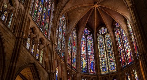 stained glass domed ceiling of a cathedral