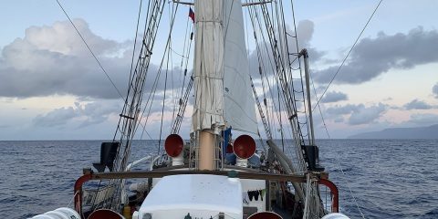 The deck of a large sailboat