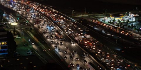 traffic on a city road at night