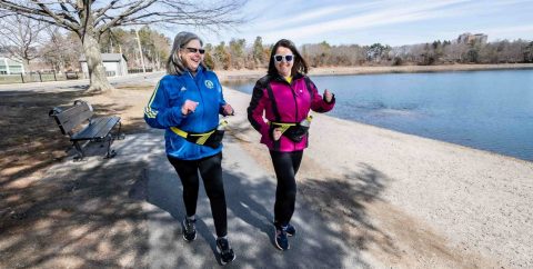 Mary and Ruth McManus walking by the reservoir