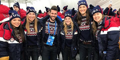 Cayla Barnes '22, Kali Flanagan '19, Brian Gionta '01, Emily Pfalzer '15, Megan Keller '19, and Haley Skarupa '16 