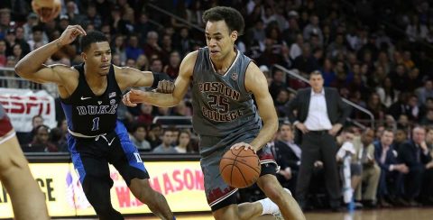 BC men's basketball player Jordan Chatman faces off against Duke