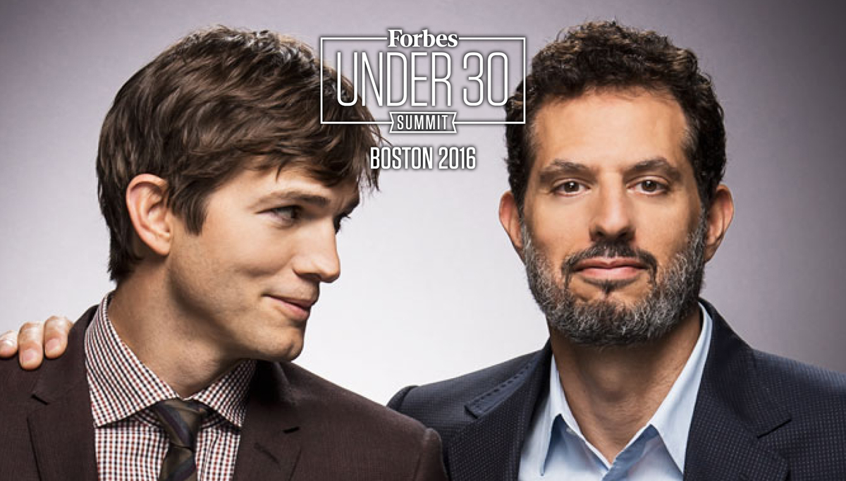 Forbes 30 under 30 logo overlaid on a photo of Ashton Kutcher and Bobby Flay