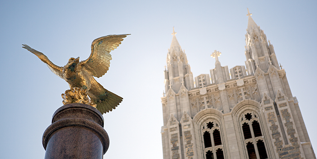 Gasson Hall and golden eagle statue