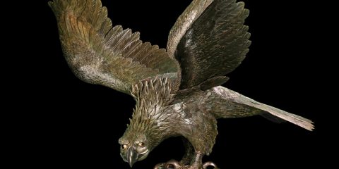 Eagle, c. 1890s; attributed to Suzuki Chōkichi (1848–1919). Bronze, gold, shakudō, c. 75 x 67 x 49 in., McMullen Museum of Art