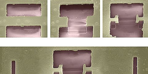 Cavities where a three-step conversion process—from surface plasmon to photon and back to surface plasmon—takes place. (Juan M. Merlo/Boston College)