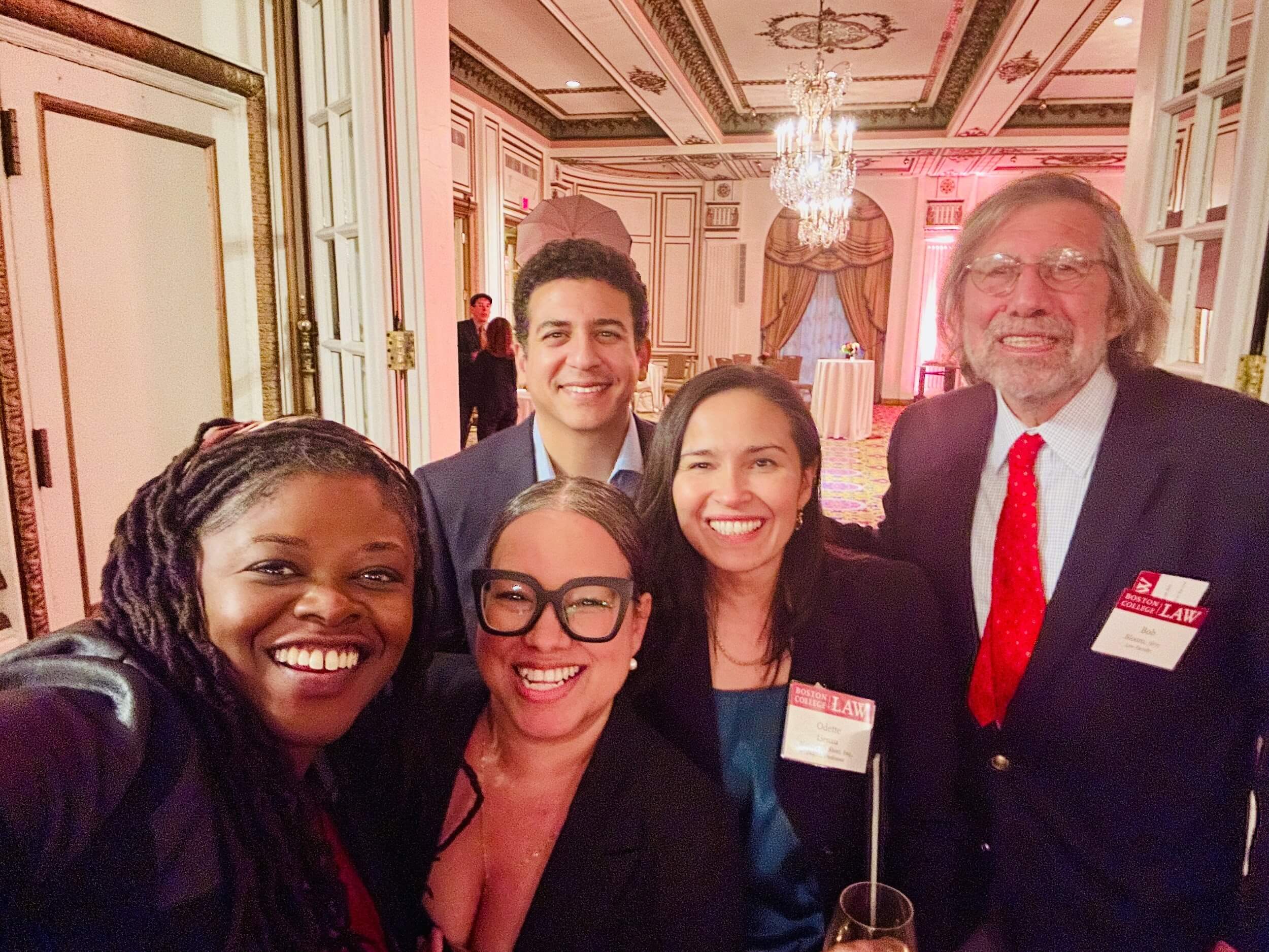 Rodline Louijeune ‘17, Arianne Waldron ‘14, Professor Aziz Rana, Dean Odette Lienau, and Professor Robert Bloom ‘71