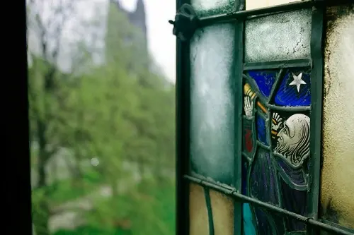 Stained glass window at the Manresa House at Boston College.