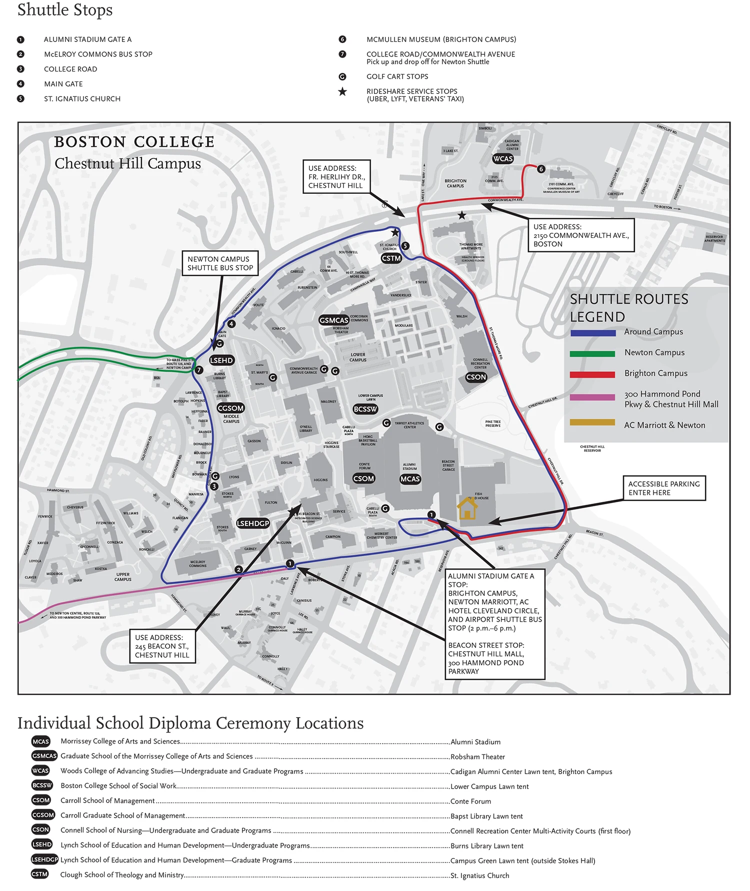 shuttle bus stop map for Commencement 2025