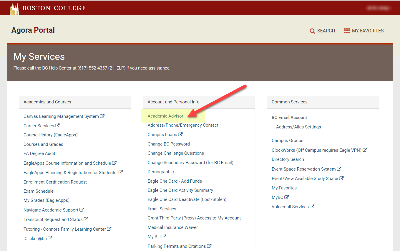 screenshot of Agora Portal with Academic Advisor highlighted