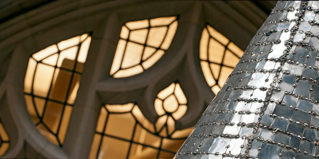 closeup shot of the Fulton Atrium chandeliers