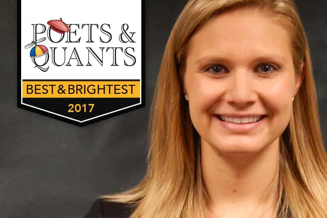 A Headshot of Katie Philippi with the Poets & Quants "Best and Brightest" logo overlaid on it 