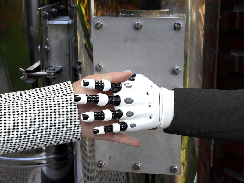 a person shaking hands with a robotic hand 