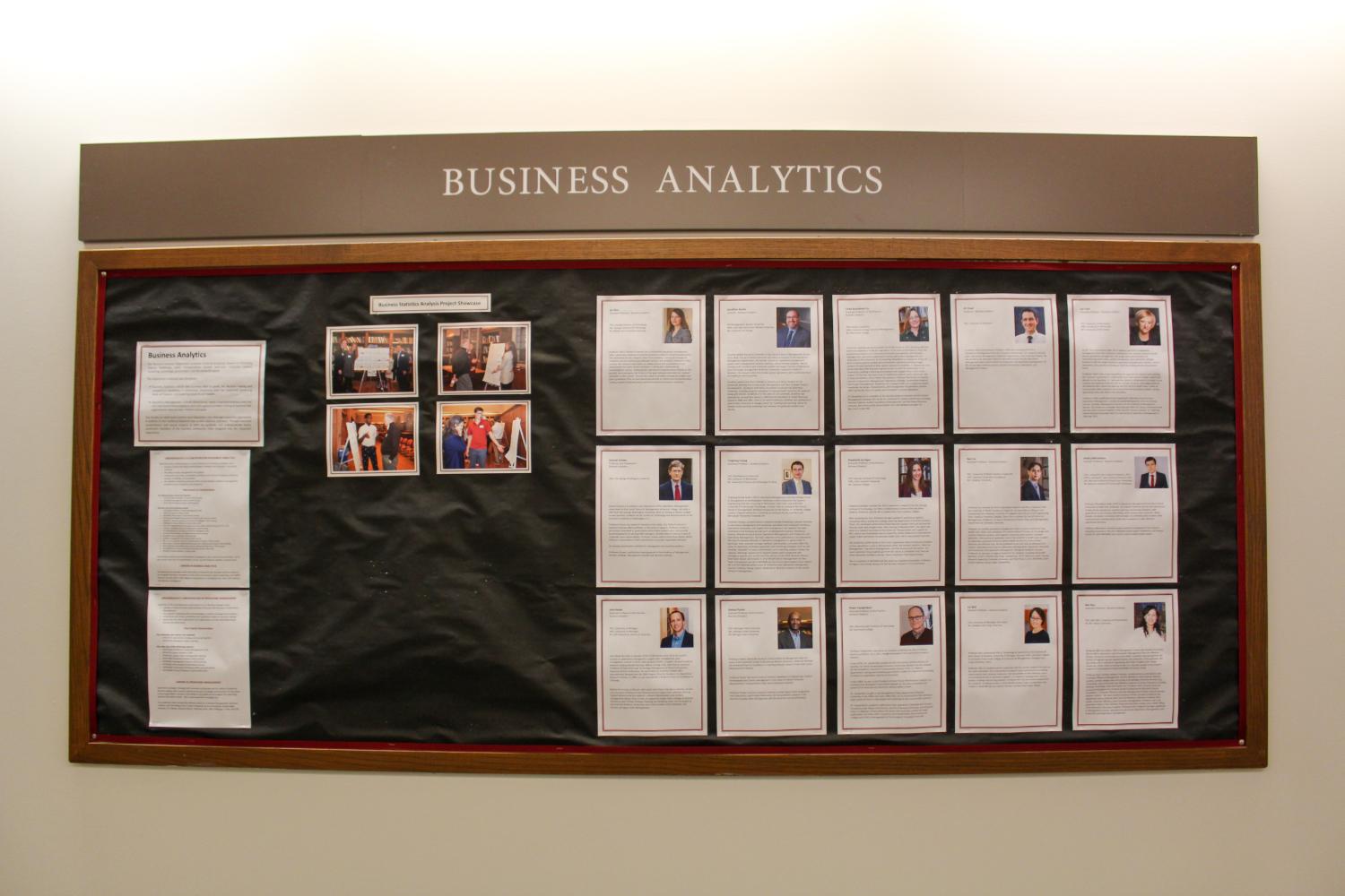 Business Analytics cork board with faculty photos