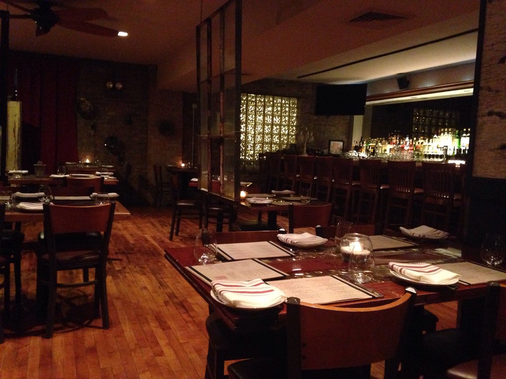 Empty, dimly lit restaurant 
