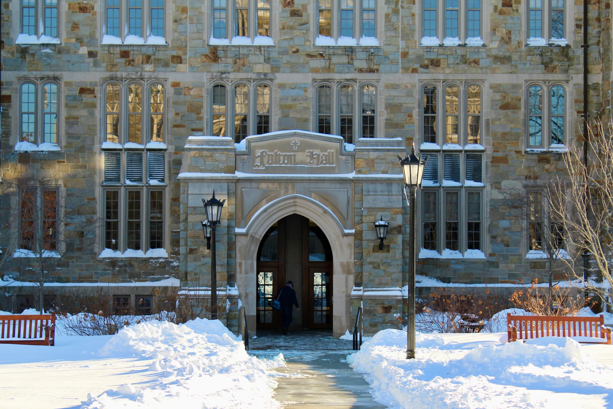 Fulton Hall entryway with snow on the ground