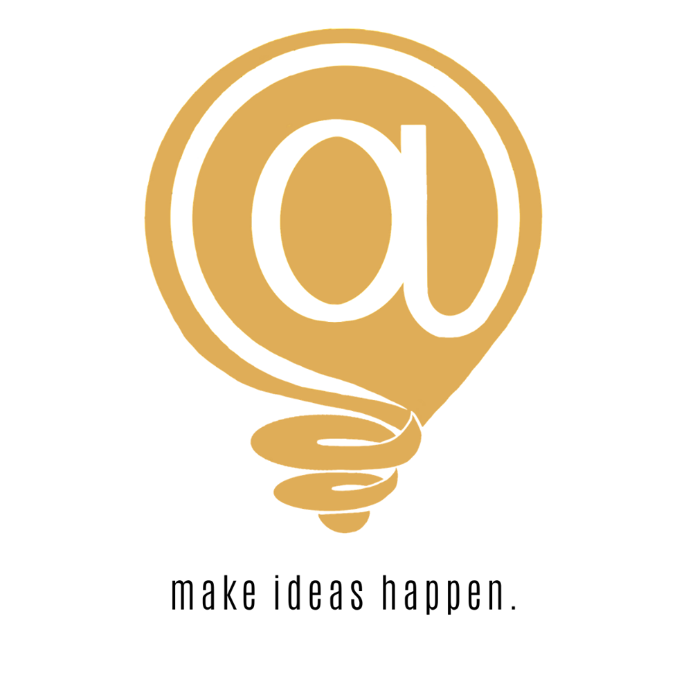 icon of a lightbulb with @ symbol in the middle and text, make ideas happen.