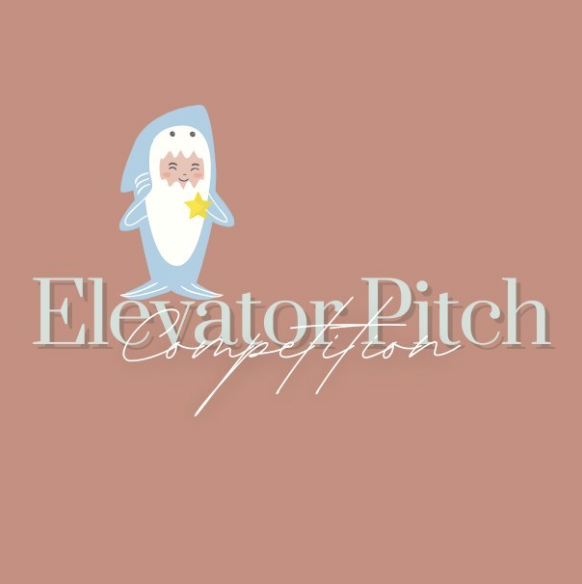 Cartoon of a person in a shark costume against a peach background with text that says Elevator Pitch Competition