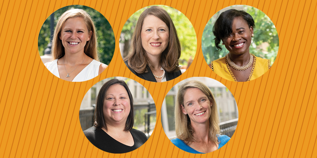 New faculty members Lindsey Horrell, Melissa Uveges, Cherlie Magny-Normilus, Erin Murphy-Swenson, and Patricia Underwood