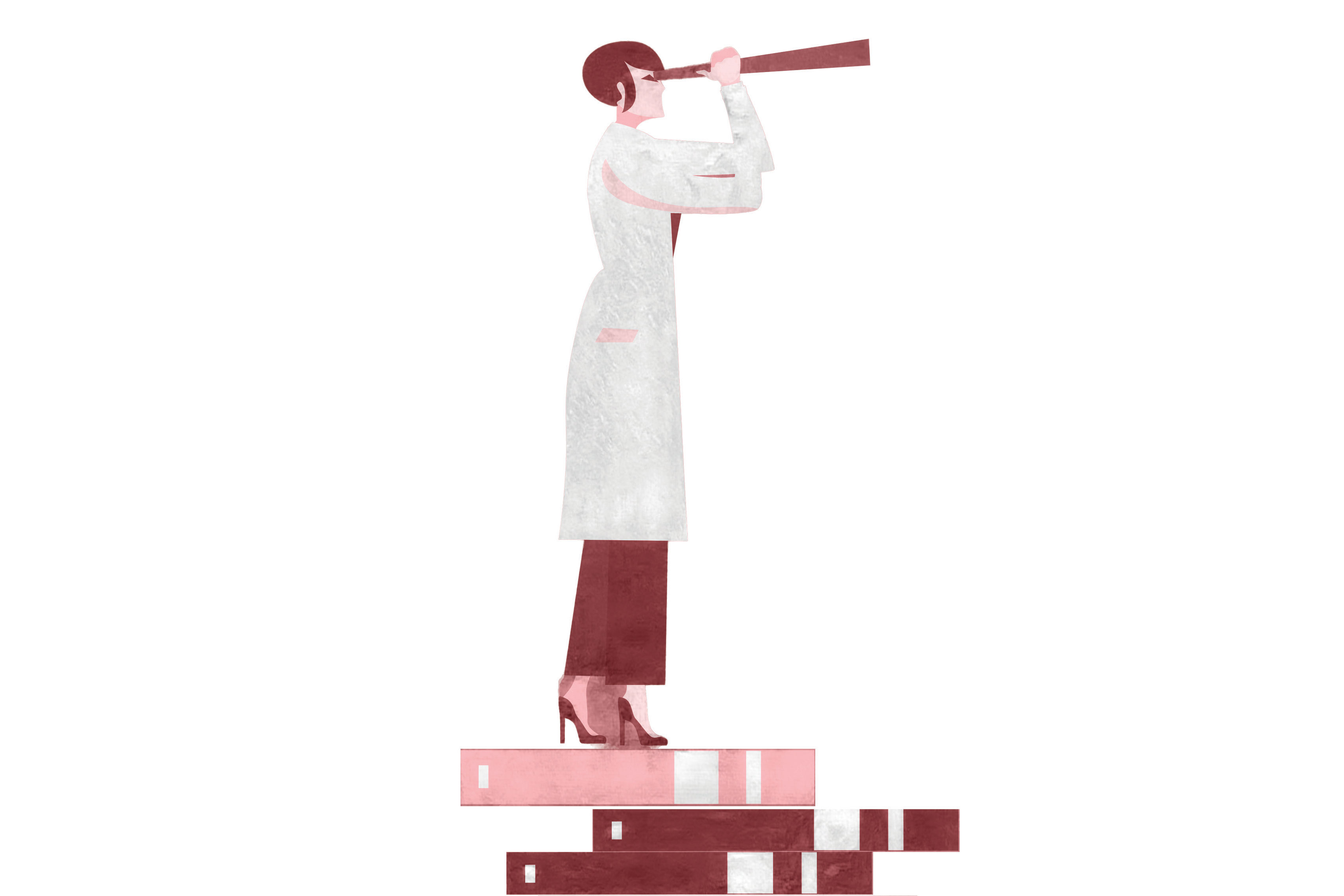 Pink tinted Illustration of person in white lab coat looking through a telesope while standing on a stack of books.