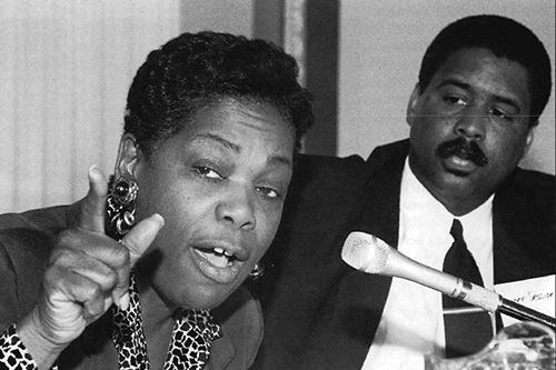 Elaine R. jones, director-counsel of the NAACP Legal Defense and Educational Fund, makes a point as Warner Sessions looks on.