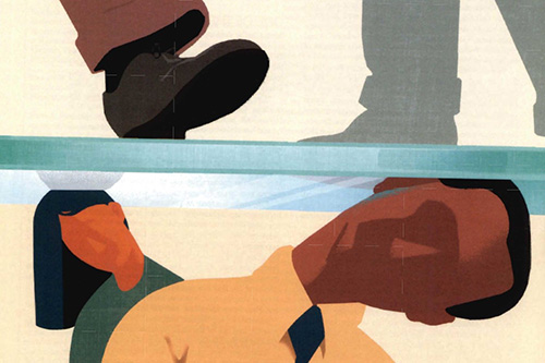 Illustration of a woman and a Black man underneath a glass ceiling.