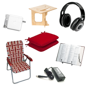 Libray items, headphones, seat cushion, standing desk