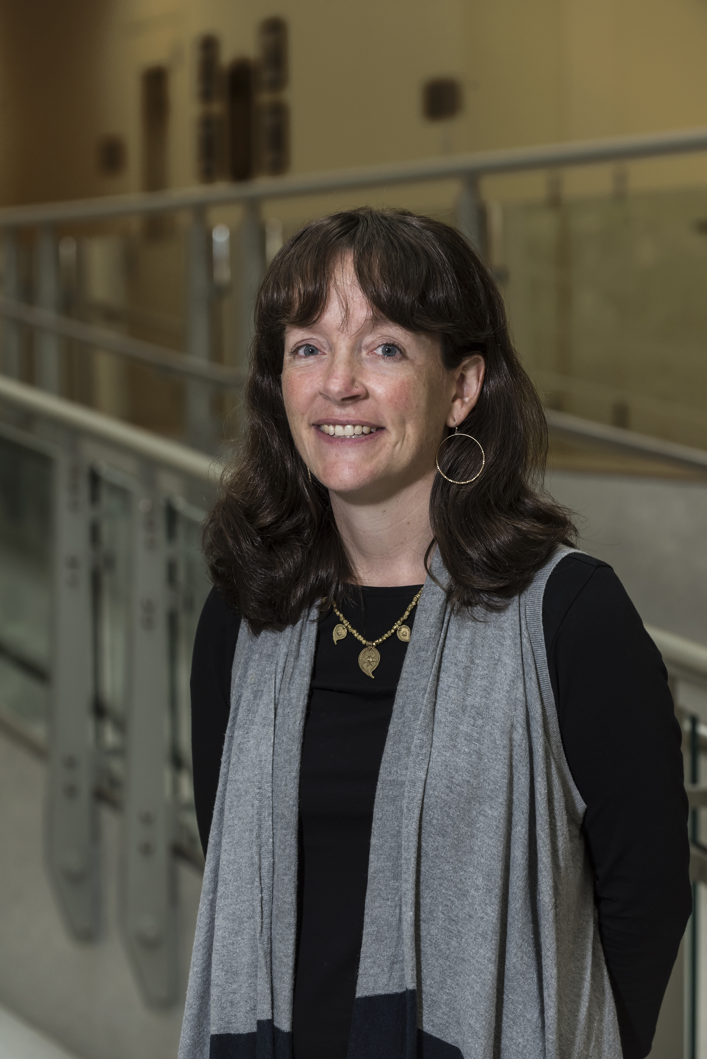 Portrait of Heather Olins, newly appointed Assist. Prof. of the Practice (Biology) photographed in the atrium of Higgins Hall for a future issue of Welcome Additiions for Chronicle and for the web.