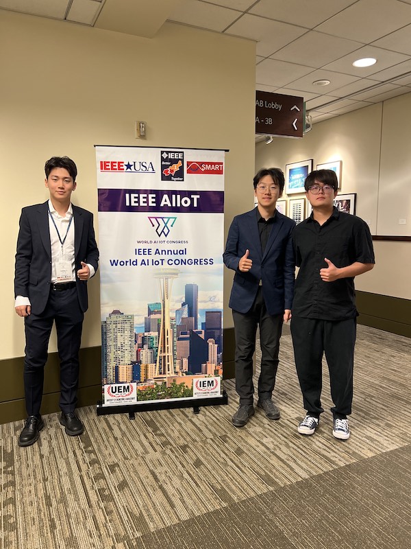 BC CS students Bo Jiang, Jiaheng Li, and Zhi Xu at the IEEE World AI IoT Congress, May 28-30, 2025 in Seattle, Washington. 