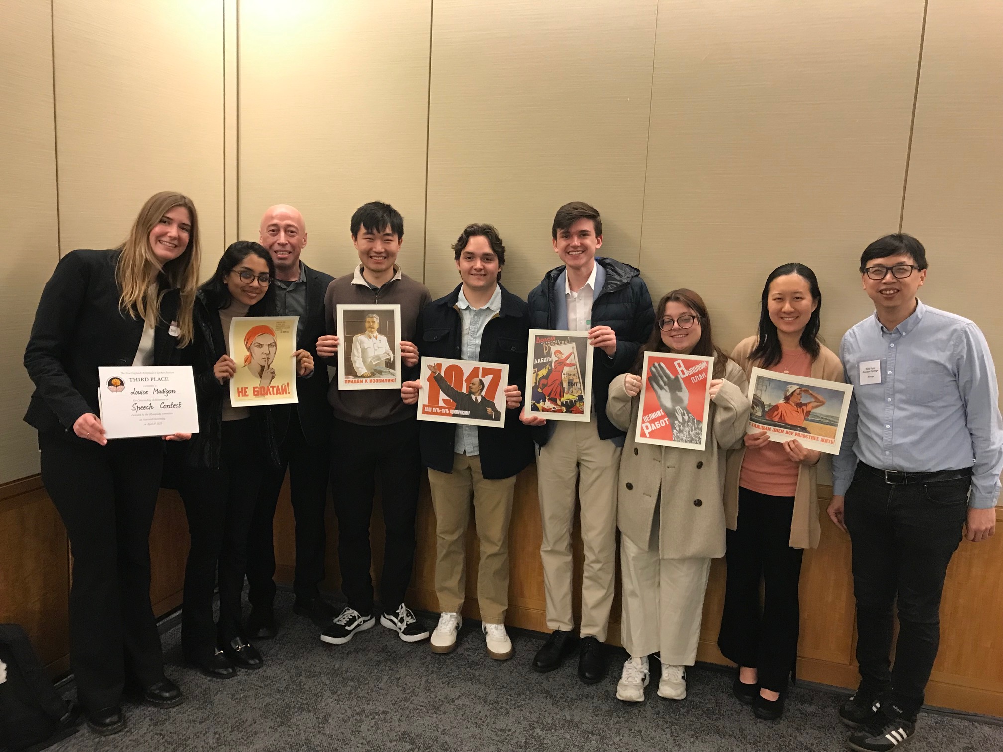 Picture of Professors Tony Lin (right) and Leon Kogan (third from left) and BC student who won prizes at the New England Olympiada of Spoken Russian 