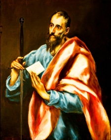 Painting of St. Paul in red and blue robes holding a sword and a letter