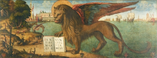 Painting of a haloed lion with multicolor wings