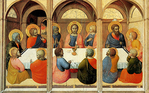 Painting "Institution of the Eucharist" by Stefano di Giovanni with yellow colored arches and Jesus holding a piece of bread behind a table surrounded by the apostles with a single chalice on it