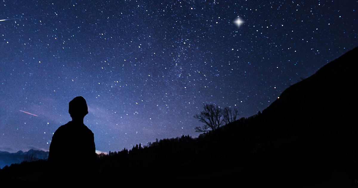 Silhouette of a person looking at a star-filled sky