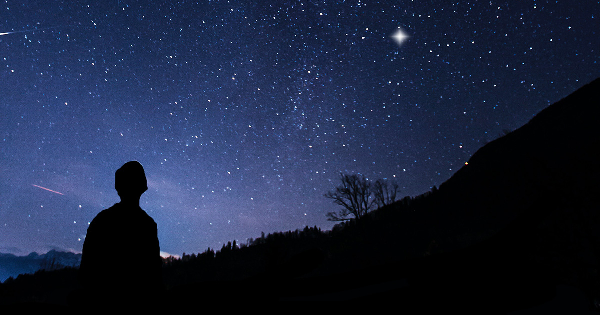 Silhouette of a person looking at a star-filled sky