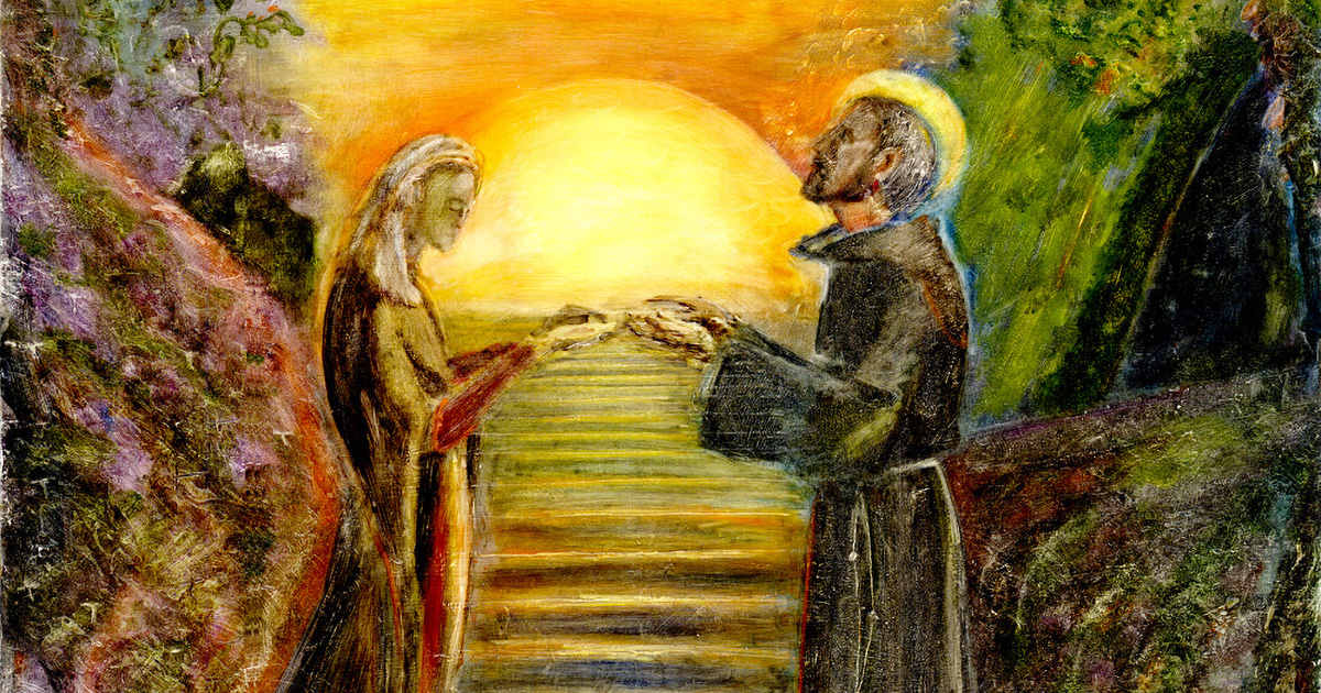 The Peace Makers Francis and Clare, painting by Mic Carlson, shows St. Francis and St. Clare touching hands in front of outdoor stairs leading to a big yellow sun on the horizon.