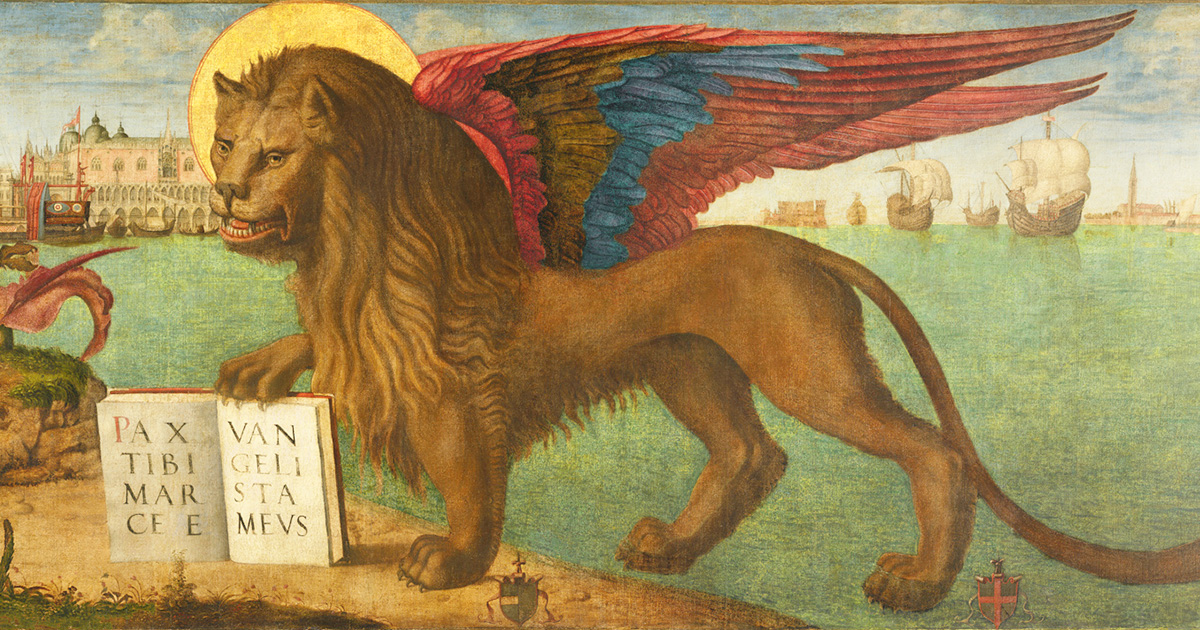 Painting of a haloed lion with multicolor wings by Vittore Carpaccio