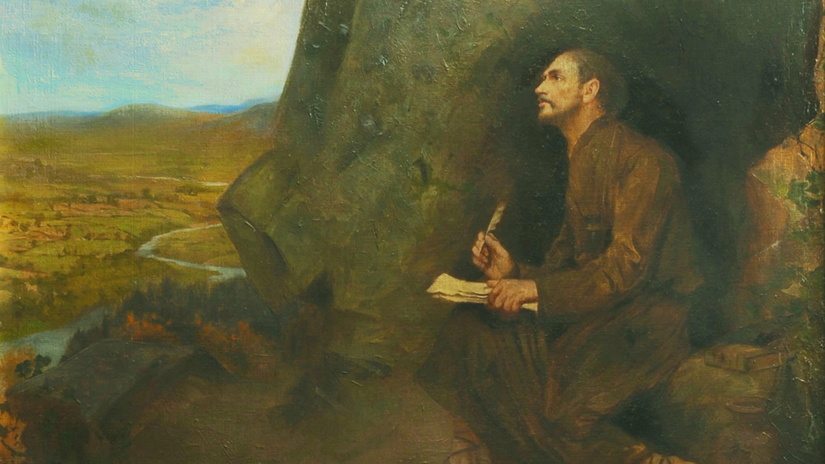 St. Ignatius writing outside the cave in Manresa, painting by Albert Chevallier-Tayler