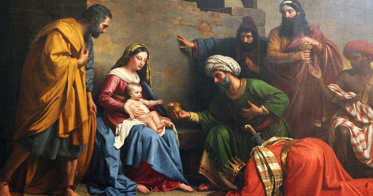 Magi presenting gifts to baby Jesus