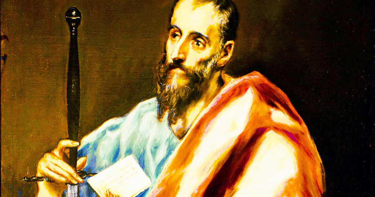 Painting of St. Paul wearing blue and red robes, holding a letter and a sword